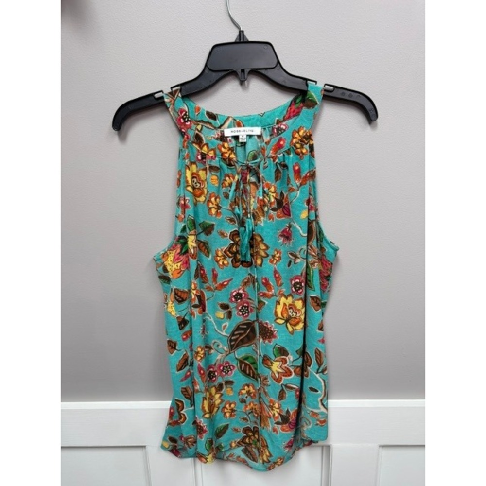 Rose + Olive Teal Floral Halter Top Sleeveless Tassel Tie Blouse Womens Medium